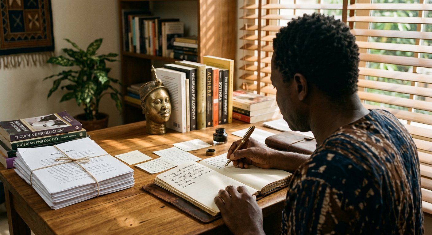 An African author at work in a sunlit writing room