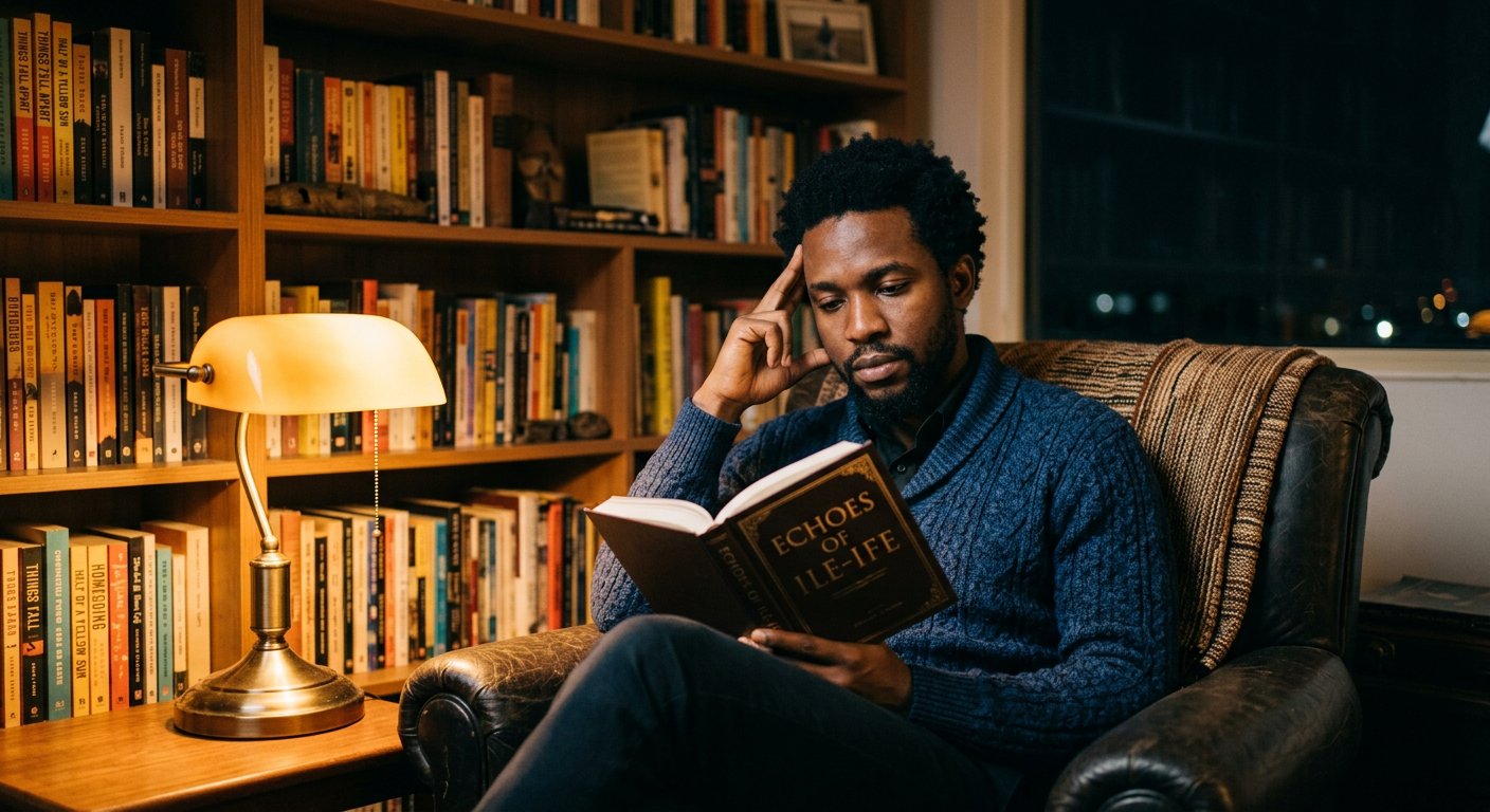 A reader absorbed in a book late at night in warm lamplight
