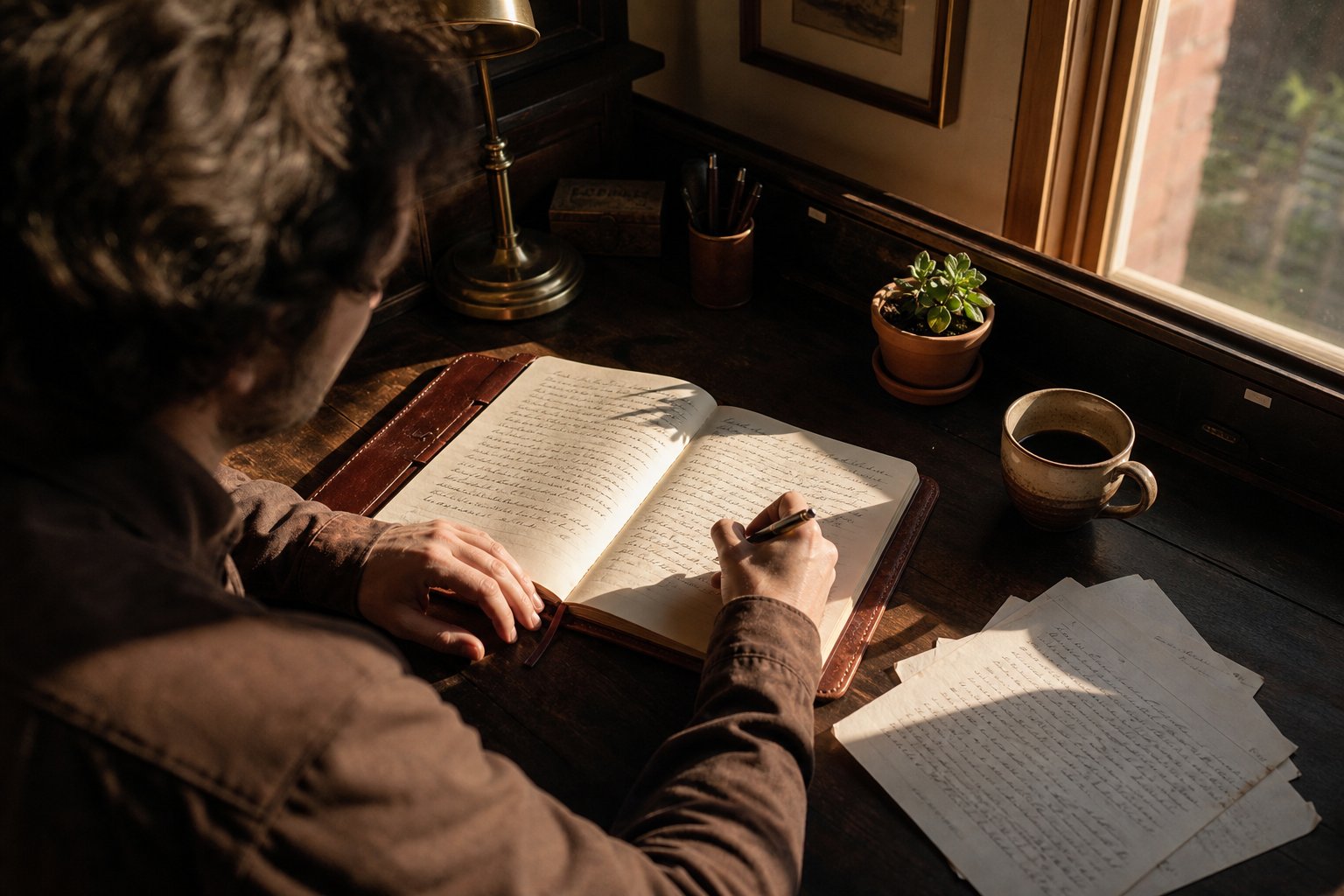 A writer at a sunlit desk writing by hand in a leather notebook