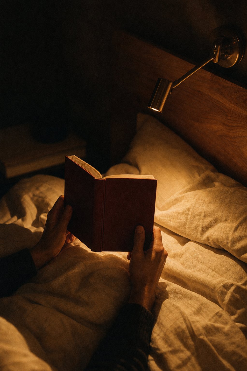 A person reading late at night in the warm light of a bedside lamp